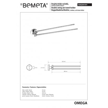 Bemeta OMEGA podwójny wieszak na ręcznik uchylny 104204191