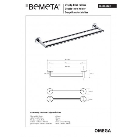 Bemeta OMEGA Podwójny wieszak na ręczniki 800 mm 104204272$K