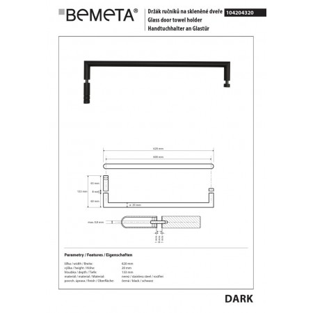 Bemeta DARK wieszak na ręcznik na szklane drzwi 600 mm 104204320$K