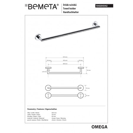 Bemeta OMEGA uchwyt 600 mm średnica 25 mm 104204342$K