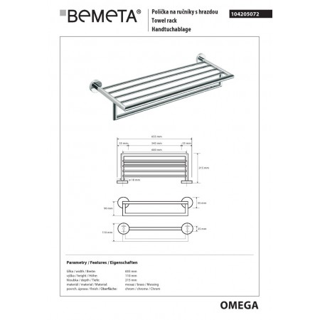 Bemeta OMEGA Wieszak na ręczniki z relingiem 600 mm 104205072$K