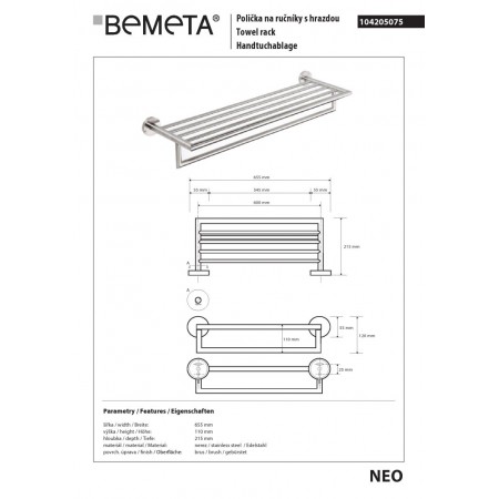 Bemeta NEO Wieszak na ręczniki z relingiem 600 mm 104205075$K