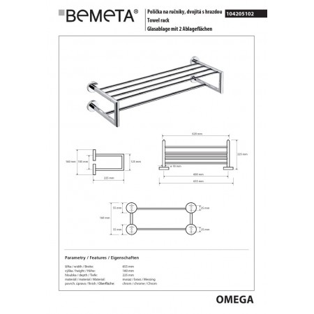 Bemeta OMEGA Podwójny wieszak na ręczniki z relingiem 600 mm 104205102$K