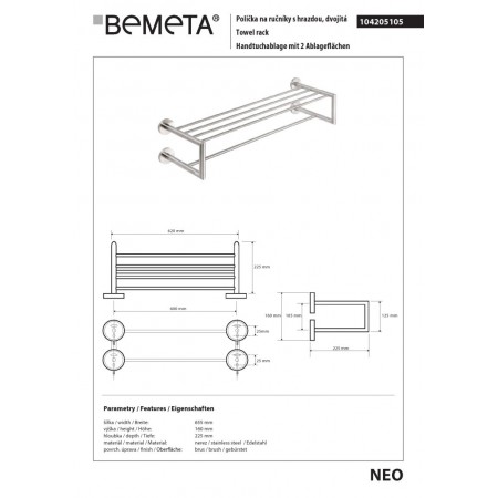 Bemeta NEO Podwójny wieszak na ręczniki z szyną 600 mm 104205105$K