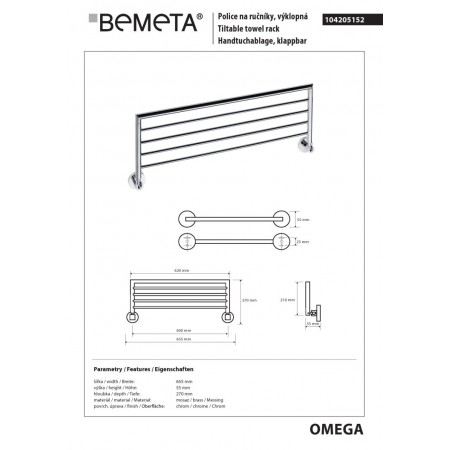 Bemeta OMEGA Wieszak na ręczniki ruchomy 600 mm 104205152$K