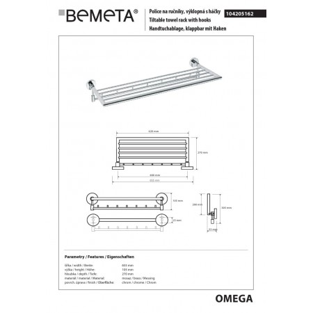 Bemeta OMEGA Składany wieszak na ręczniki z Wieszakami 600 mm 104205162$K