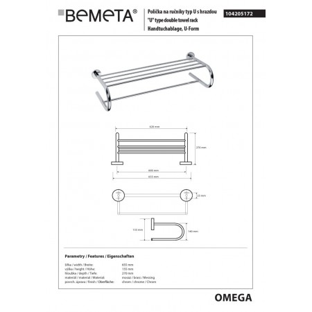 Bemeta OMEGA Wieszak na ręczniki typ U z drążkiem 600 mm 104205172$K