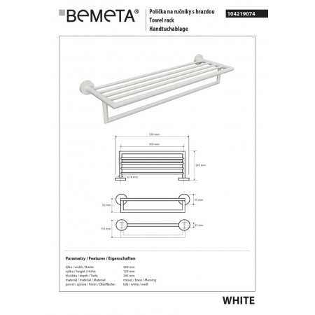 Bemeta WHITE wieszak na ręczniki z drążkiem 500mm 104219074