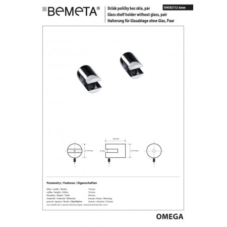 Bemeta OMEGA uchwyt na półkę bez szyby 6mm (para) 104502112-6mm