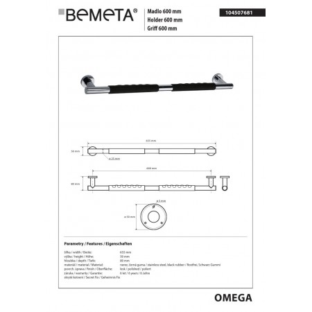 Bemeta OMEGA Uchwyt 600 mm czarna guma 104507681$K