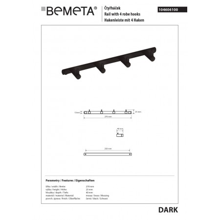 Bemeta DARK Wieszak 4-hakowy 104606100