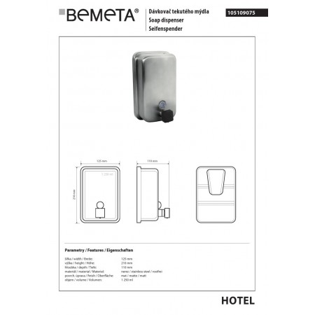 Bemeta Dozownik mydła 1250 ml czarna pompka młynek 105109075