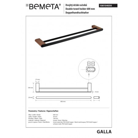 Bemeta GALLA Wieszak na ręczniki 600 mm podwójny 108104050$K