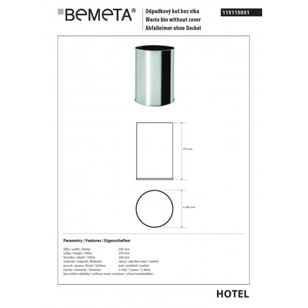 Bemeta Kosz na śmieci bez pokrywy 9L stal nierdzewna połysk 115115031