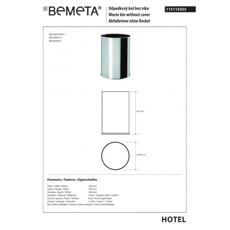 Bemeta Kosz na śmieci bez pokrywy 9L stal nierdzewna matowa 115115035