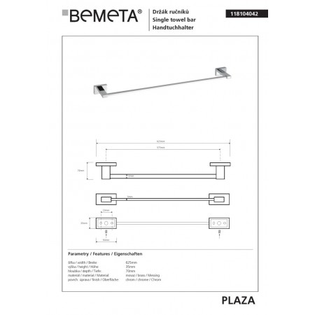 Bemeta PLAZA Wieszak na ręczniki 575 mm 118104042$K