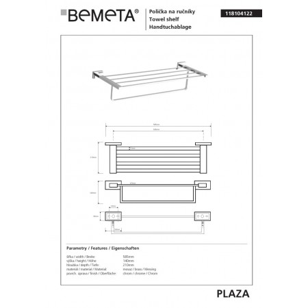 Bemeta PLAZA Wieszak na ręczniki z drążkiem 118104122$K