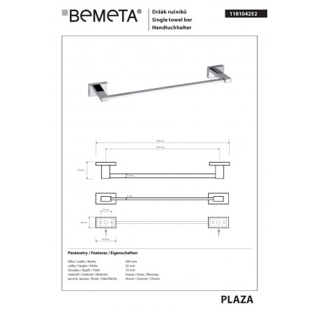 Bemeta PLAZA Wieszak na ręcznik 300 mm 118104252