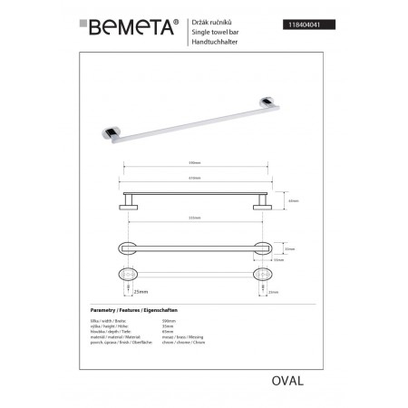 Bemeta OVAL Wieszak na ręcznik 555 mm 118404041$K