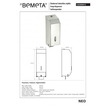 Bemeta Dozownik mydła 1100 ml stal nierdzewna matowa 123209013