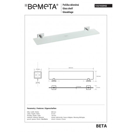 Bemeta BETA Półka szklana 600 mm 132102042$K