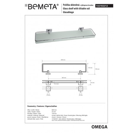 Bemeta BETA Półka szklana ze składanym drążkiem 600 mm 132102212$K