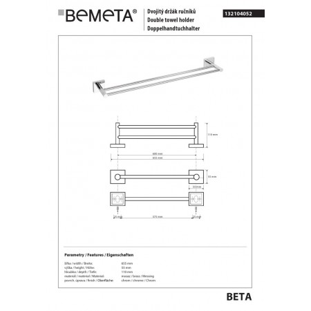 Bemeta BETA Wieszak podwójna 600 mm 132104052$K