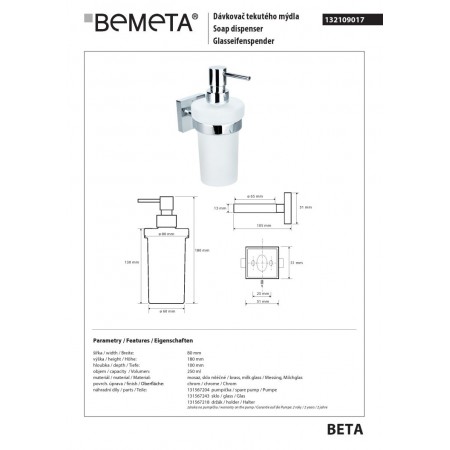 Bemeta BETA Dozownik mydła 230 ml 132109017