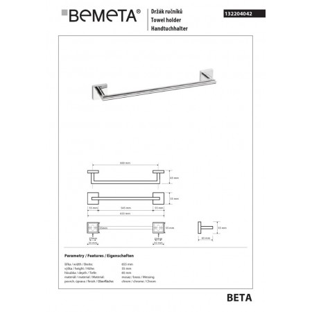 Bemeta BETA Wieszak na ręcznik 600 mm 132204042$K