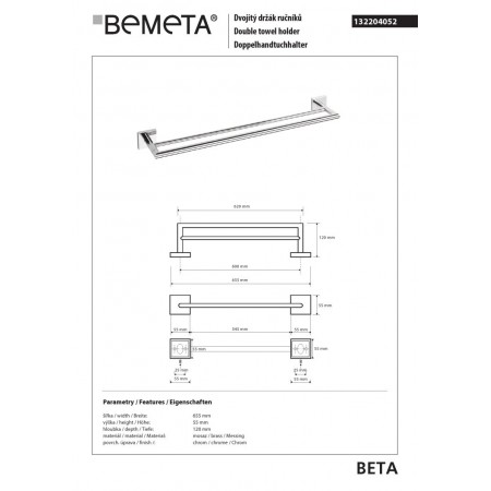 Bemeta BETA Podwójny wieszak na ręczniki 600 mm 132204052$K