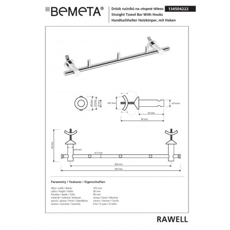 Bemeta RAWELL prosty regulowany wieszak na ręcznik z haczykami 134504222