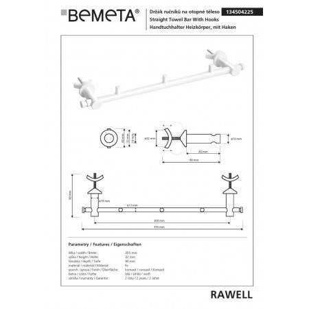 Bemeta RAWELL prosty regulowany wieszak na ręcznik z haczykami 134504225