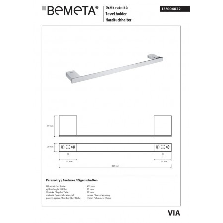 Bemeta VIA Wieszak na ręczniki 420 mm 135004022