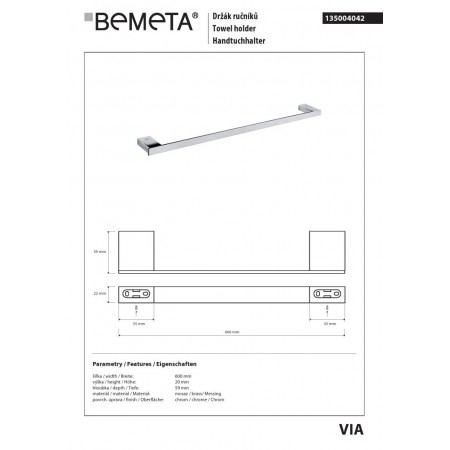 Bemeta VIA Wieszak na ręczniki 565 mm 135004042$K