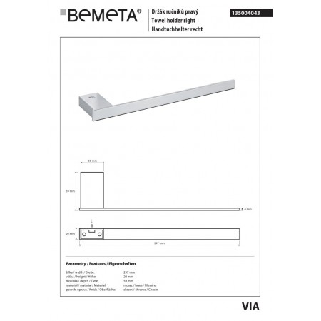 Bemeta VIA Wieszak na ręcznik prawy 280 mm 135004043