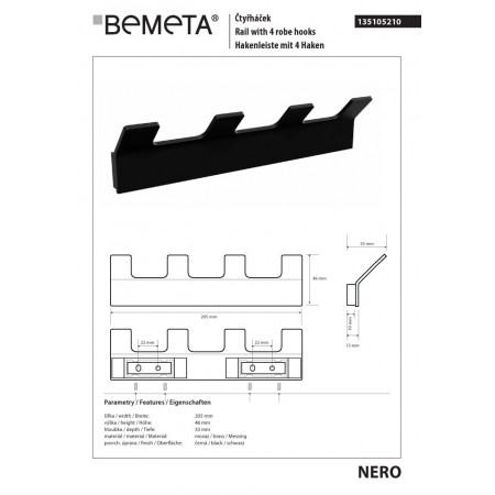 Bemeta NERO Wieszak 4-hakowy 135105210