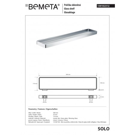 Bemeta SOLO Półka szklana 500 mm 139102312