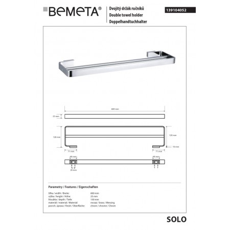 Bemeta SOLO Podwójny wieszak na ręczniki 600 mm 139104052$K