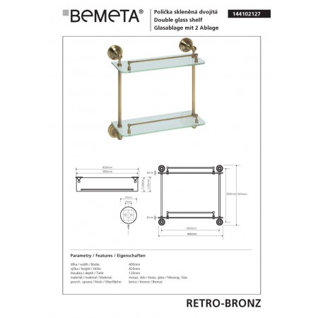 Bemeta RETRO Bronze Podwójna szklana półka 144102127$K