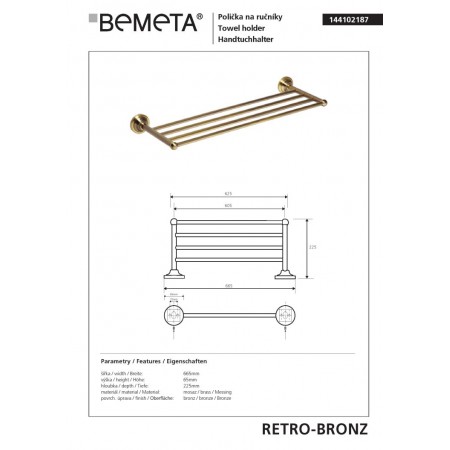 Bemeta RETRO Bronze Wieszak na ręczniki z drążkiem 144102187$K