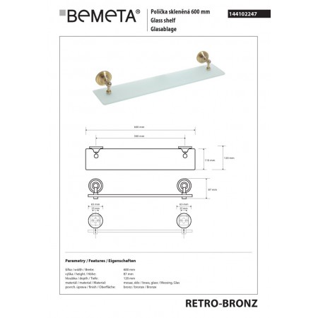 Bemeta RETRO Bronze Półka szklana 144102247$K