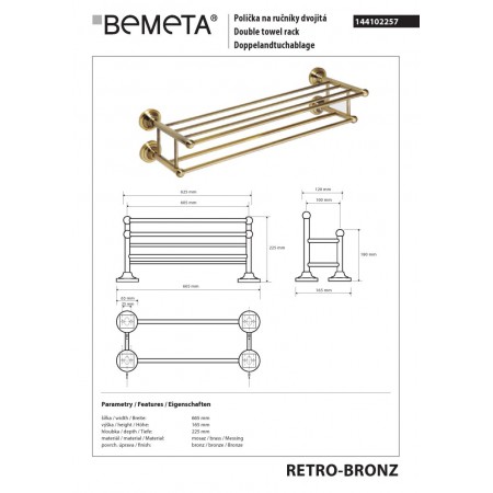 Bemeta RETRO Bronze Podwójny wieszak na ręczniki z drążkiem 144102257$K