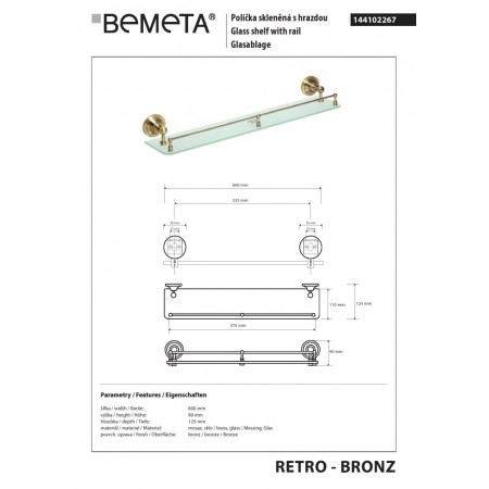 Bemeta RETRO Bronze Półka szklana z poprzeczką 144102267$K