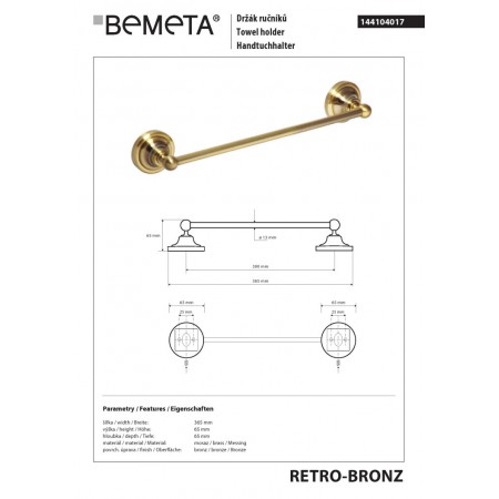 Bemeta RETRO Bronze Wieszak na ręcznik 300 mm 144104017