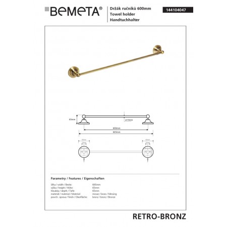 Bemeta RETRO Bronze Wieszak na ręcznik 600 mm 144104047$K