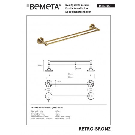 Bemeta RETRO Bronze podwójny wieszak na ręczniki 600 mm obok siebie 144104057$K