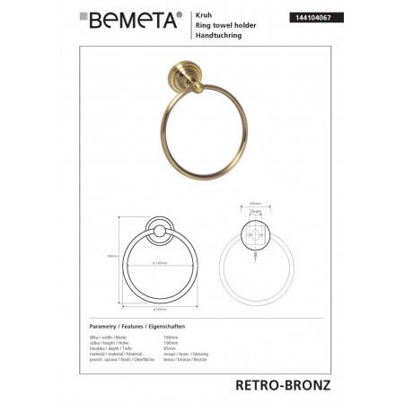 Bemeta RETRO Bronze Wieszak na ręcznik koło 144104067