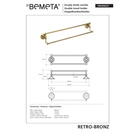 Bemeta RETRO Bronze podwójny wieszak na ręczniki jeden na drugim 144104237$K