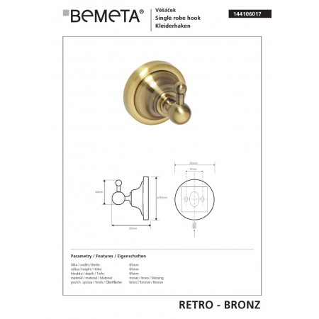 Bemeta RETRO bronze Wieszak pojedynczy 144106017