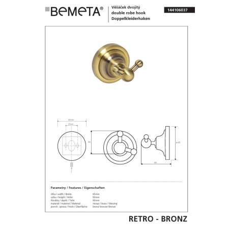 Bemeta RETRO bronze Wieszak podwójny 144106037